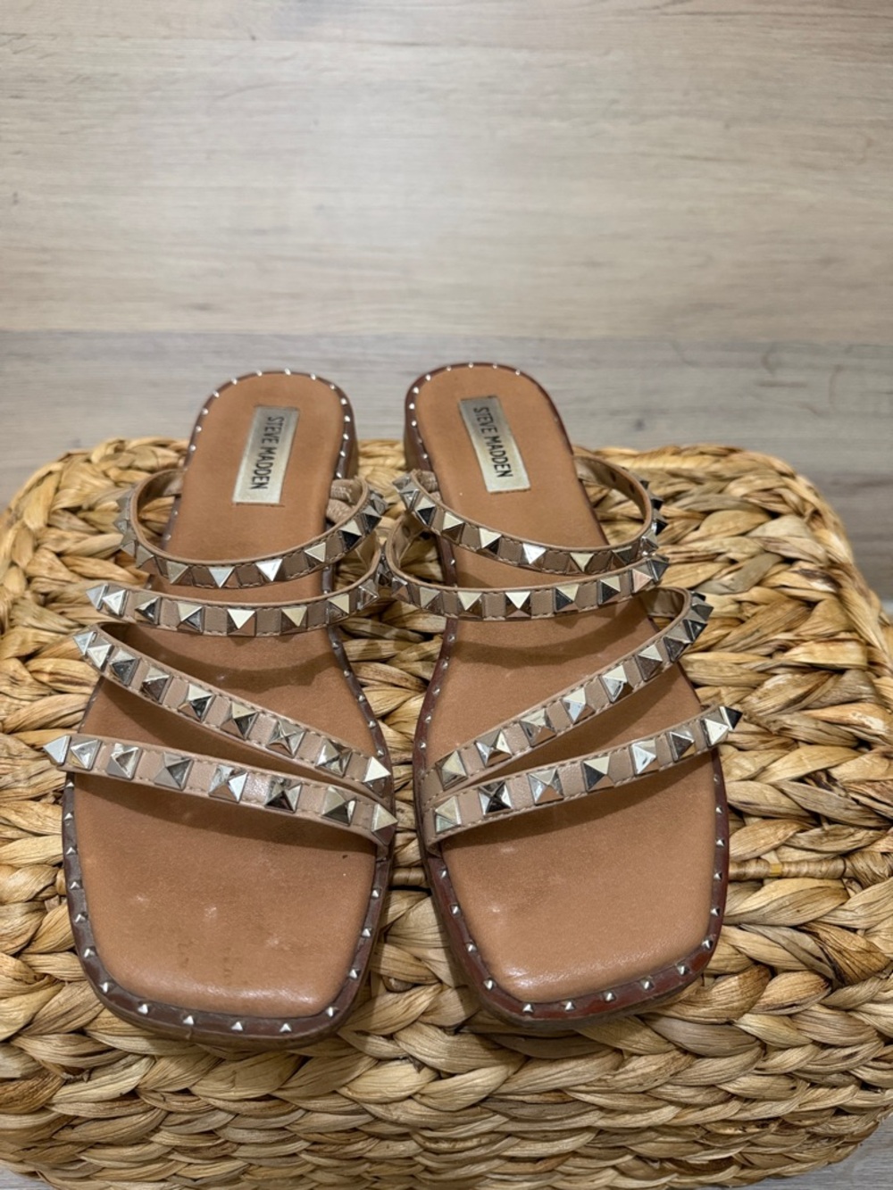 Steve Madden Tan Pyramid Stud Multi-Strap Slide Sandals